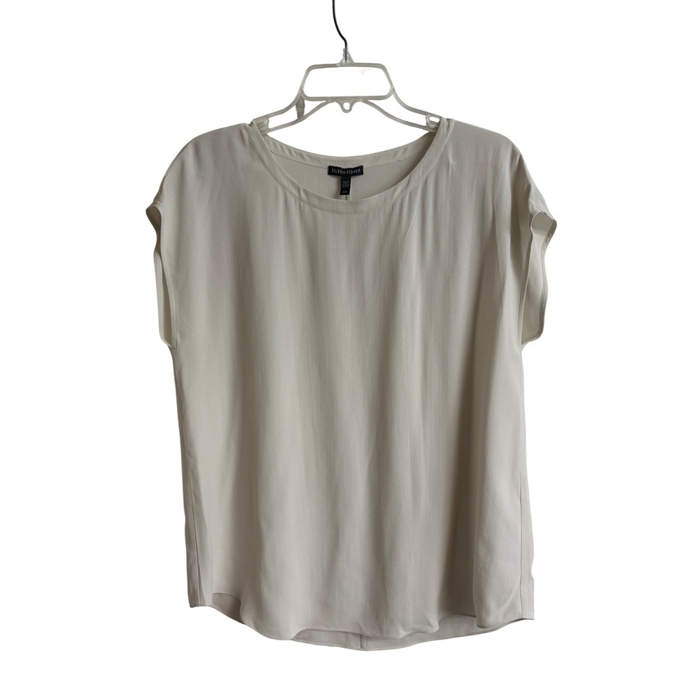Eileen Fisher 100% Silk Blouse S/P Ivory Cream Short Sleeve Minimalist Petite